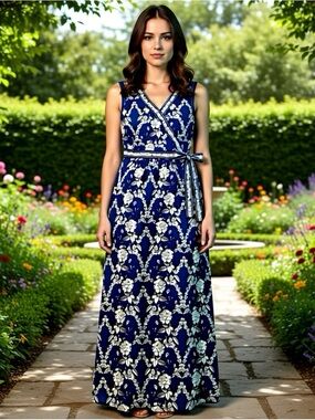 Max Studio Maxi Dress Slit Blue White Floral Size Small Stretchy Vneck Sleeveles
